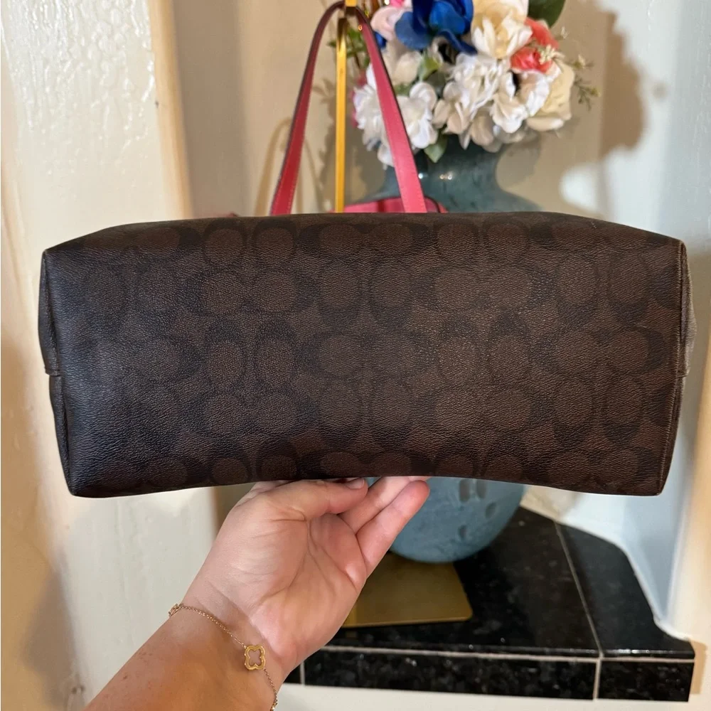 Coach Signature Brown Tote with Pink Trim